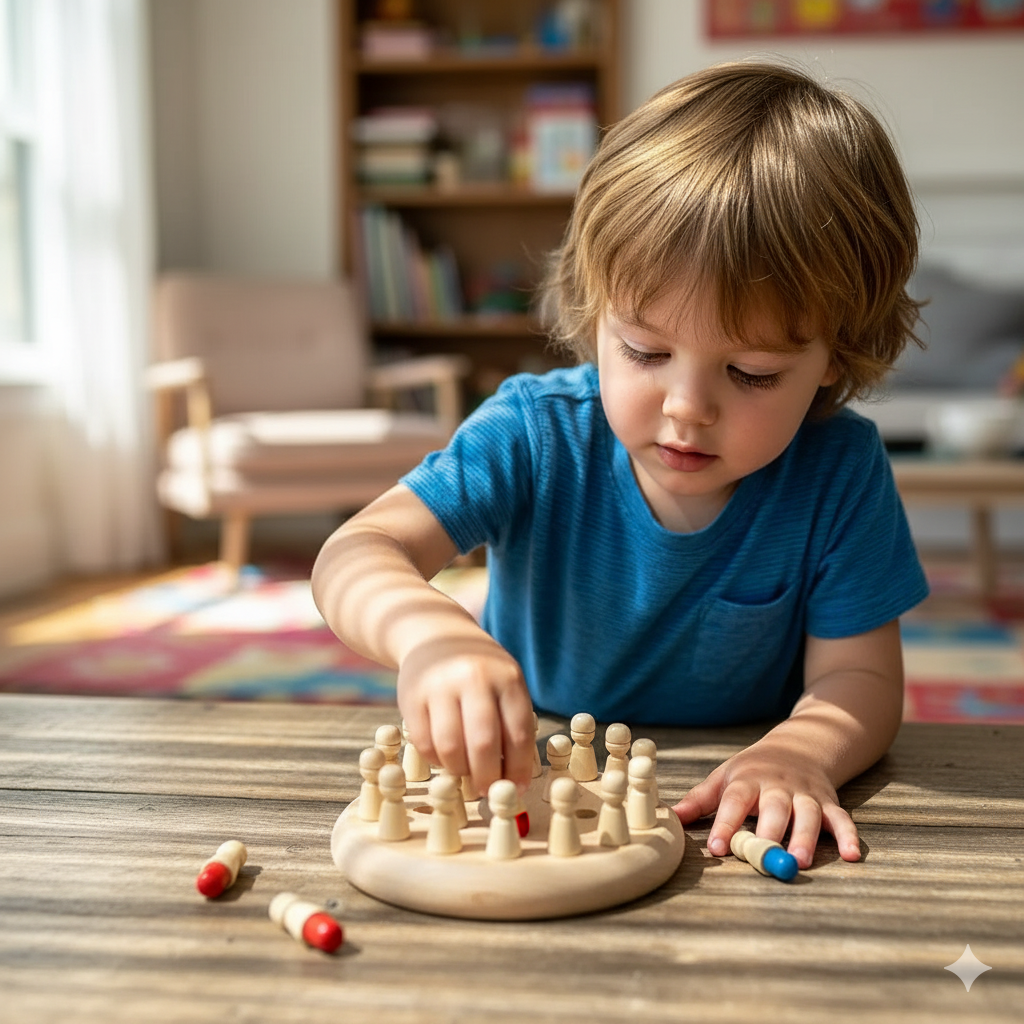 Child playing with a wooden puzzle toy on a table in a room with books and furniture.