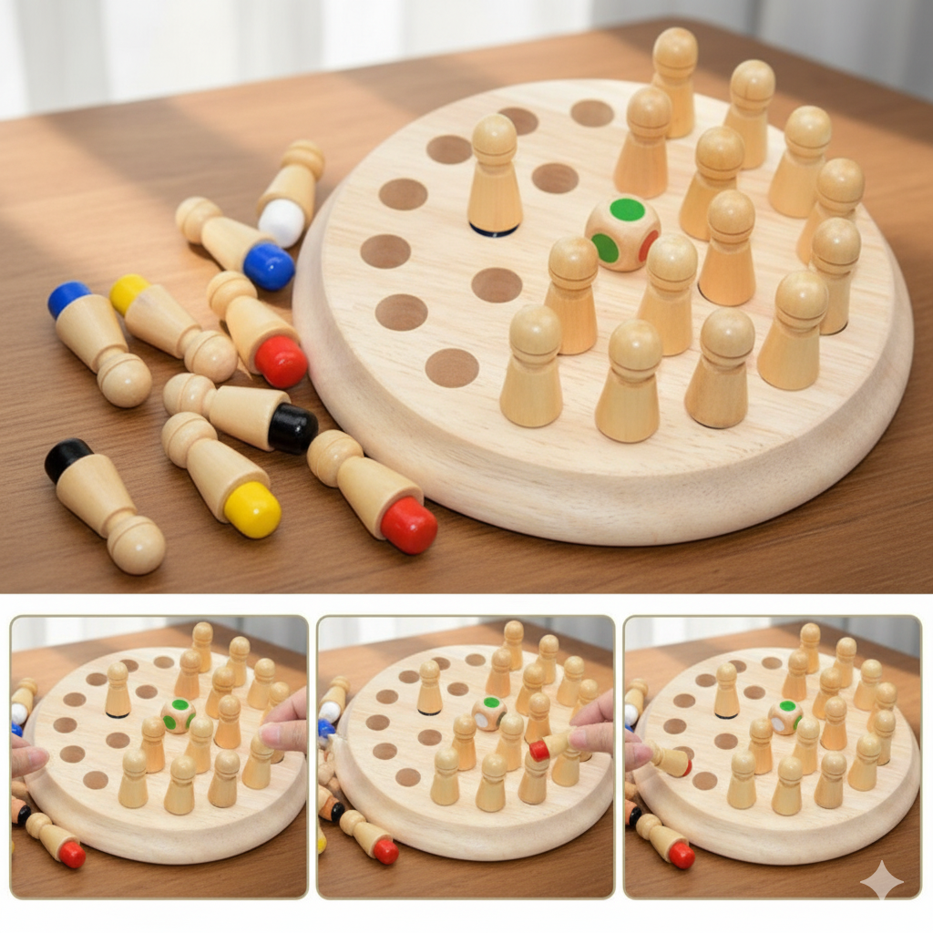 Wooden peg game with colorful pegs on a wooden board