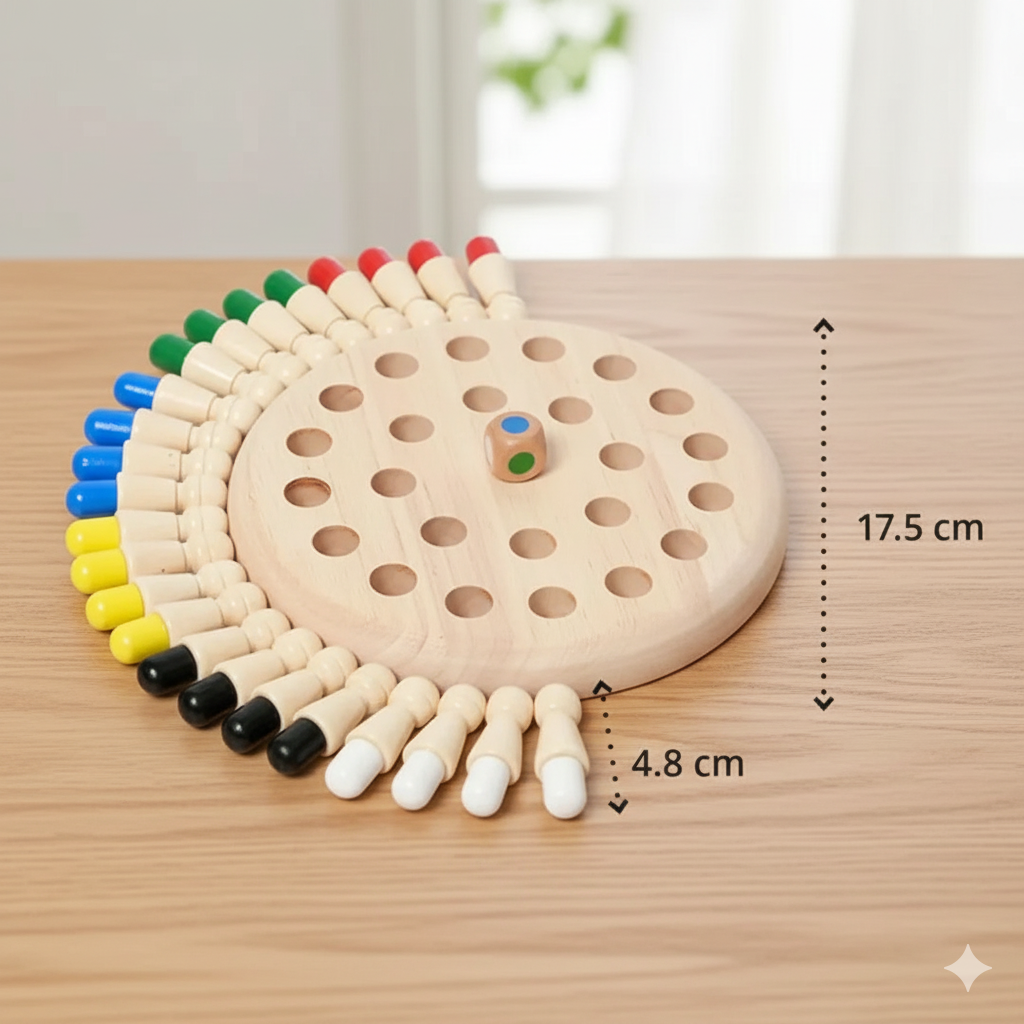 Wooden peg puzzle with colored pegs on a wooden surface, showing measurements.