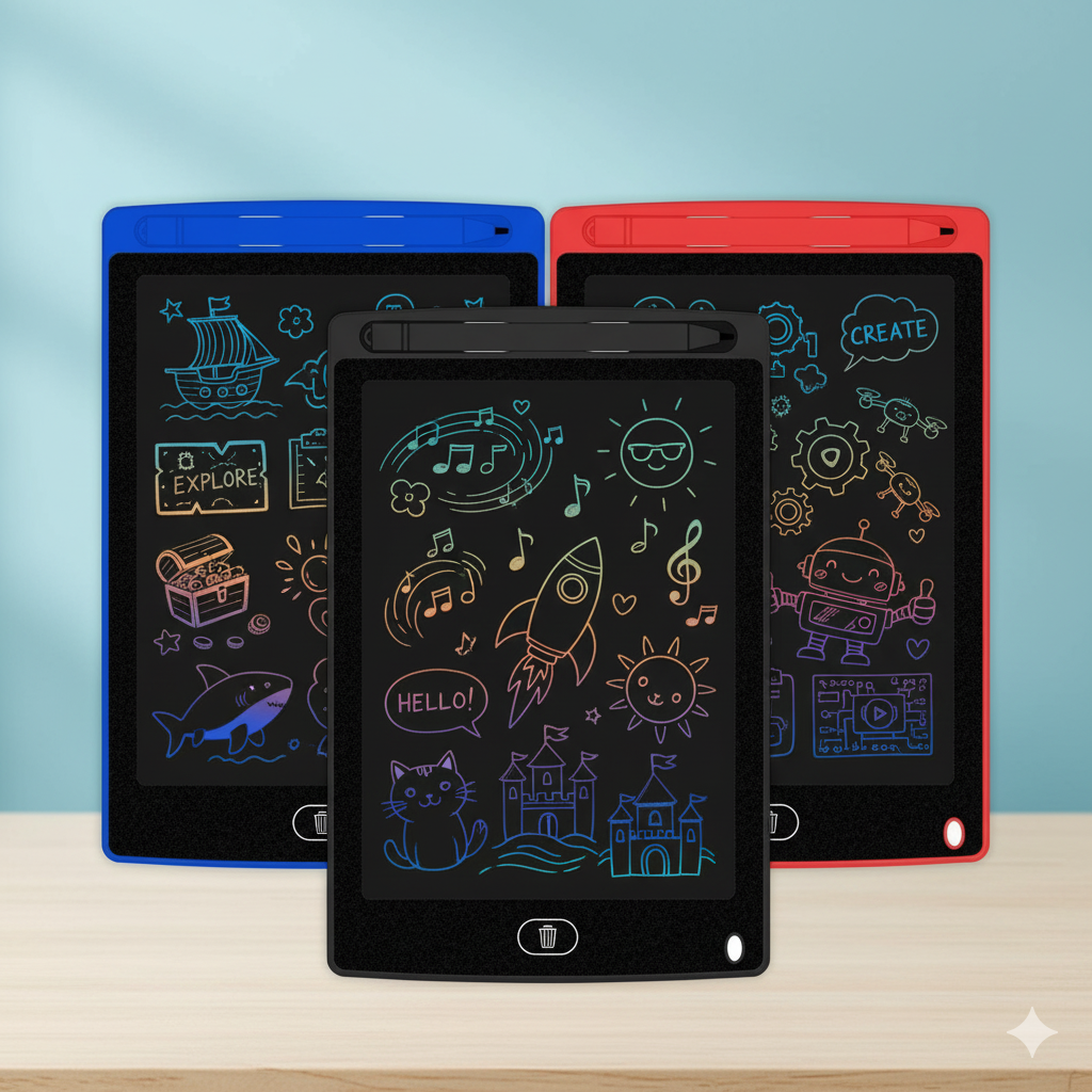 Three colorful electronic doodle boards with drawings on a light blue background