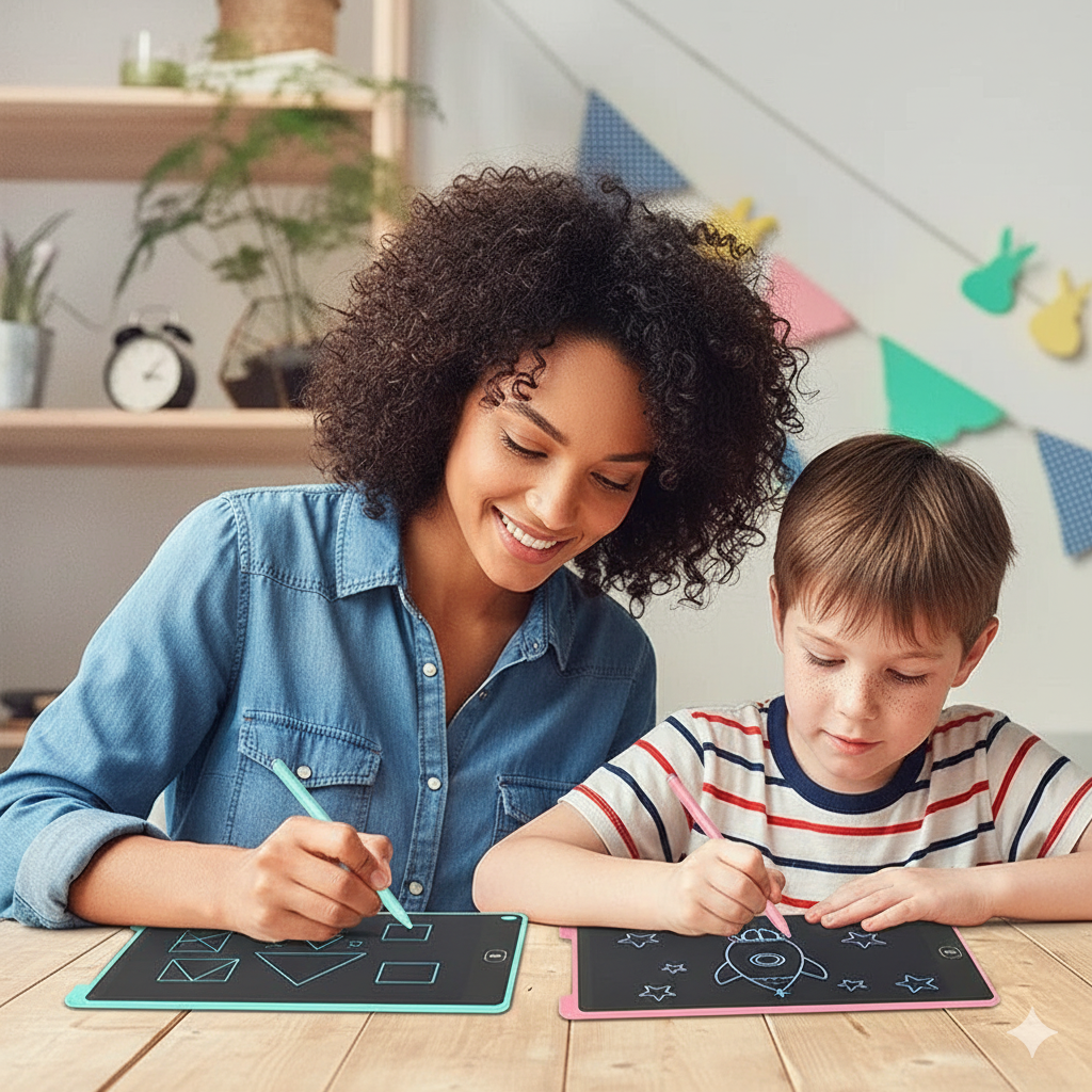 Woman and child drawing on small boards with pens in a home setting