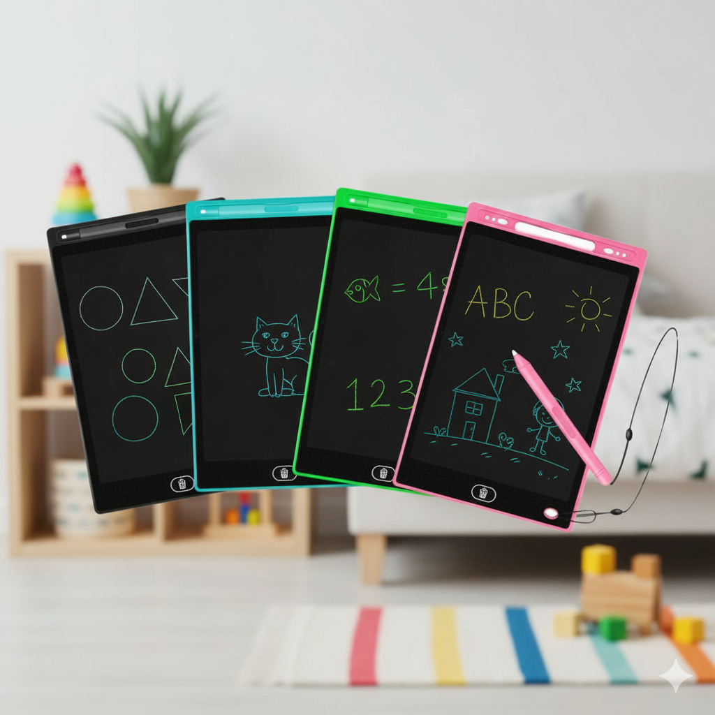 Four colorful electronic drawing boards with writing on a blurred indoor background