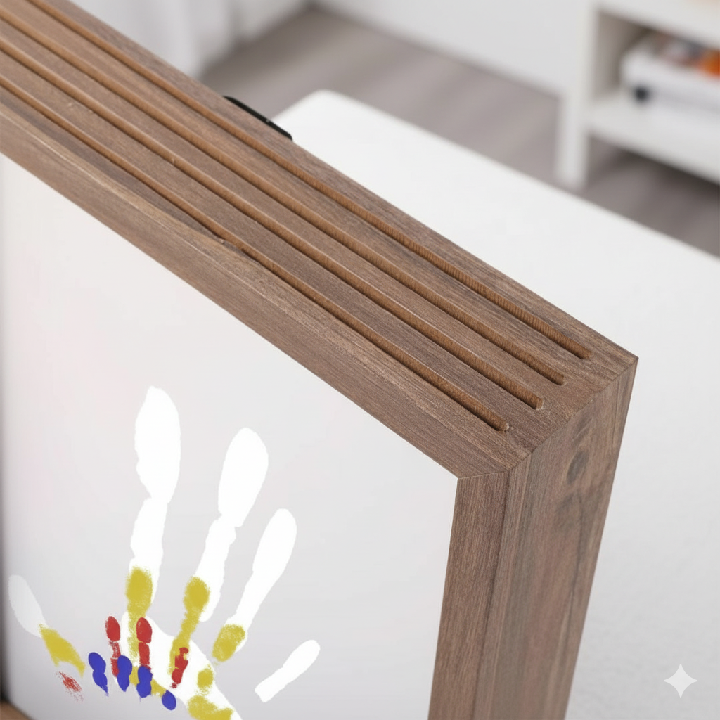 Wooden frame with a colorful handprint on a white background