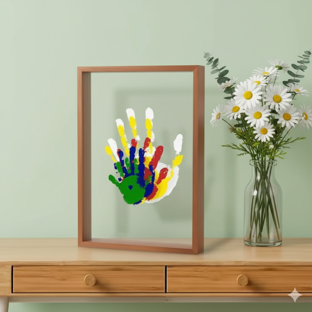 Framed colorful handprint on a wooden surface with a vase of flowers.