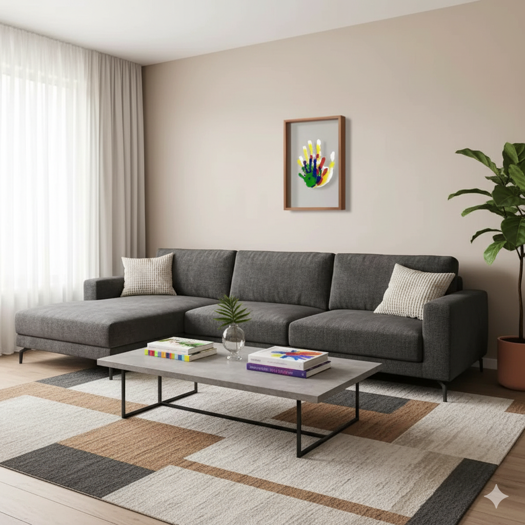Modern living room with a gray sectional sofa, coffee table, and decorative elements.
