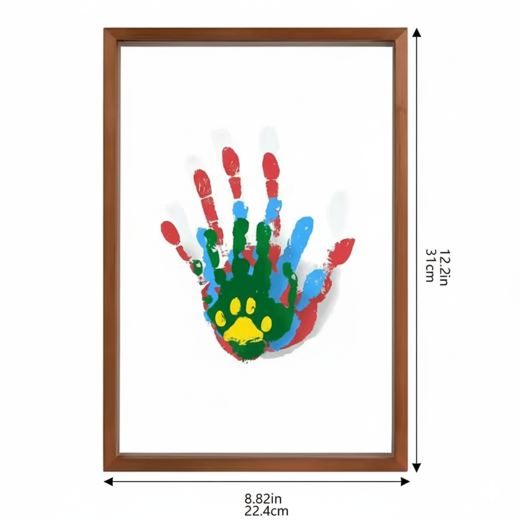 Framed colorful handprint with dimensions indicated
