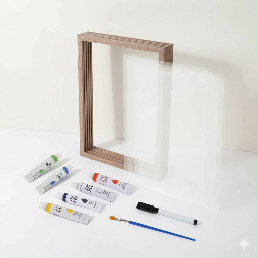 Wooden picture frame with paint tubes and a brush on a white background