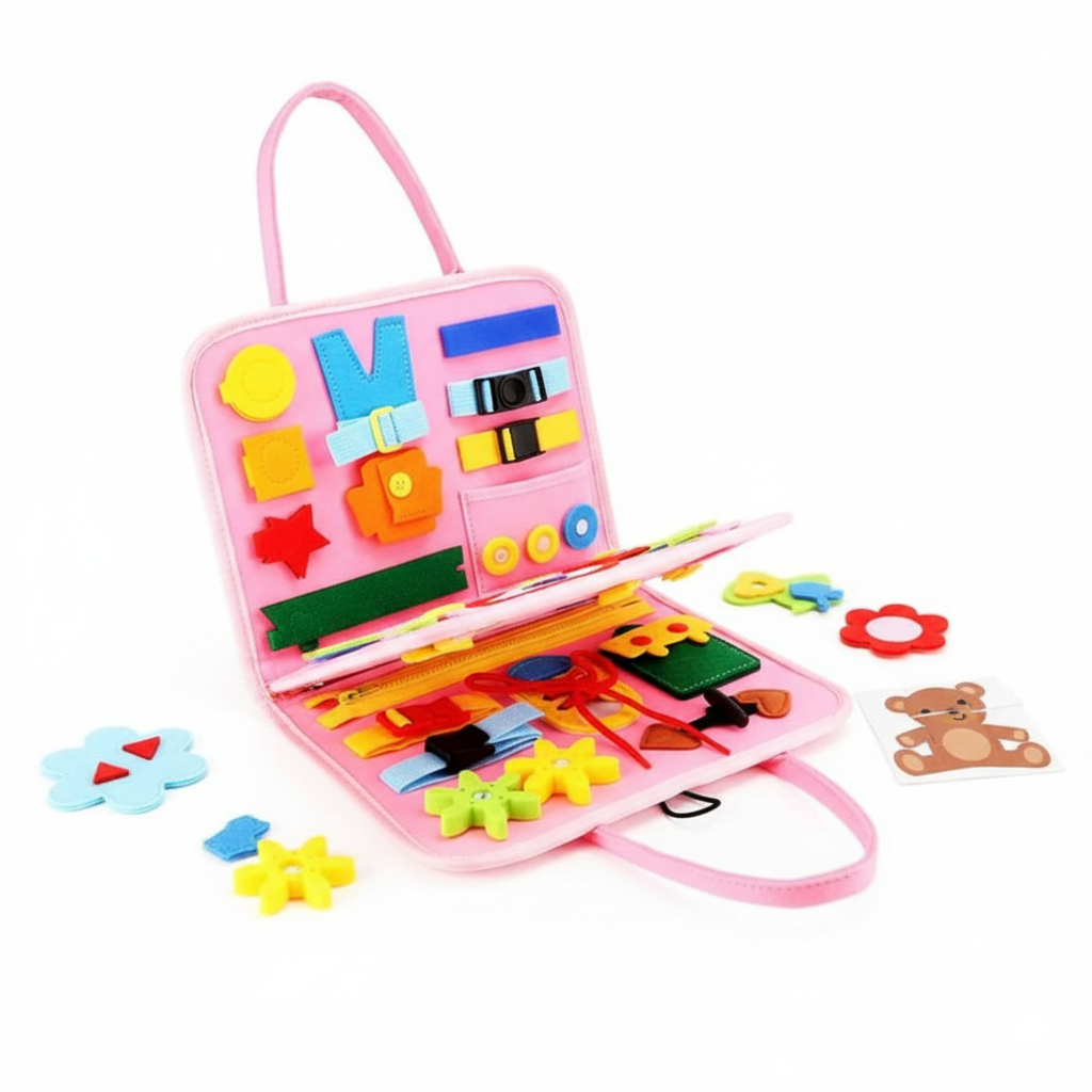 Pink children's educational toy set with colorful shapes and puzzles on a white background