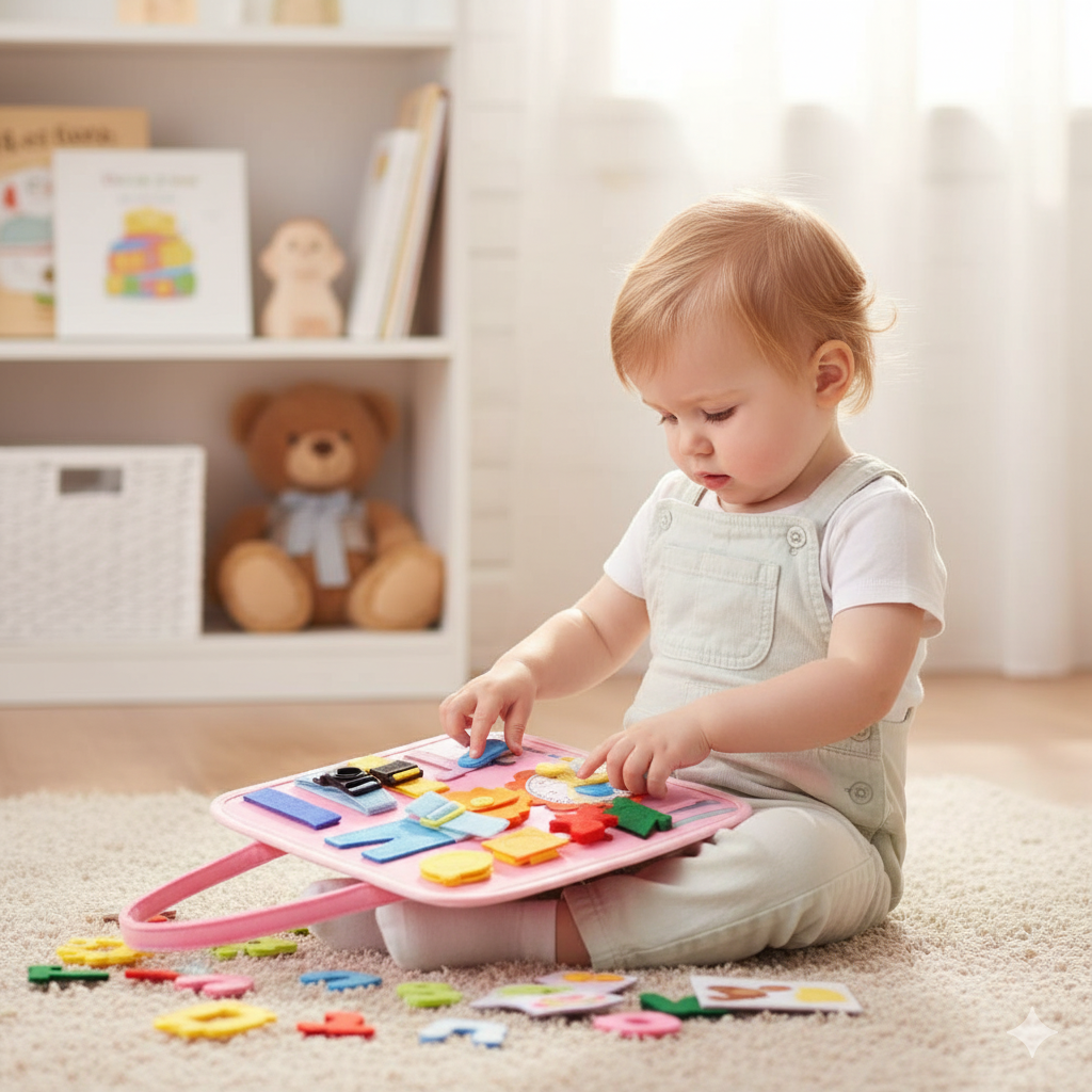 Child playing with a colorful educational toy on a carpeted floor.