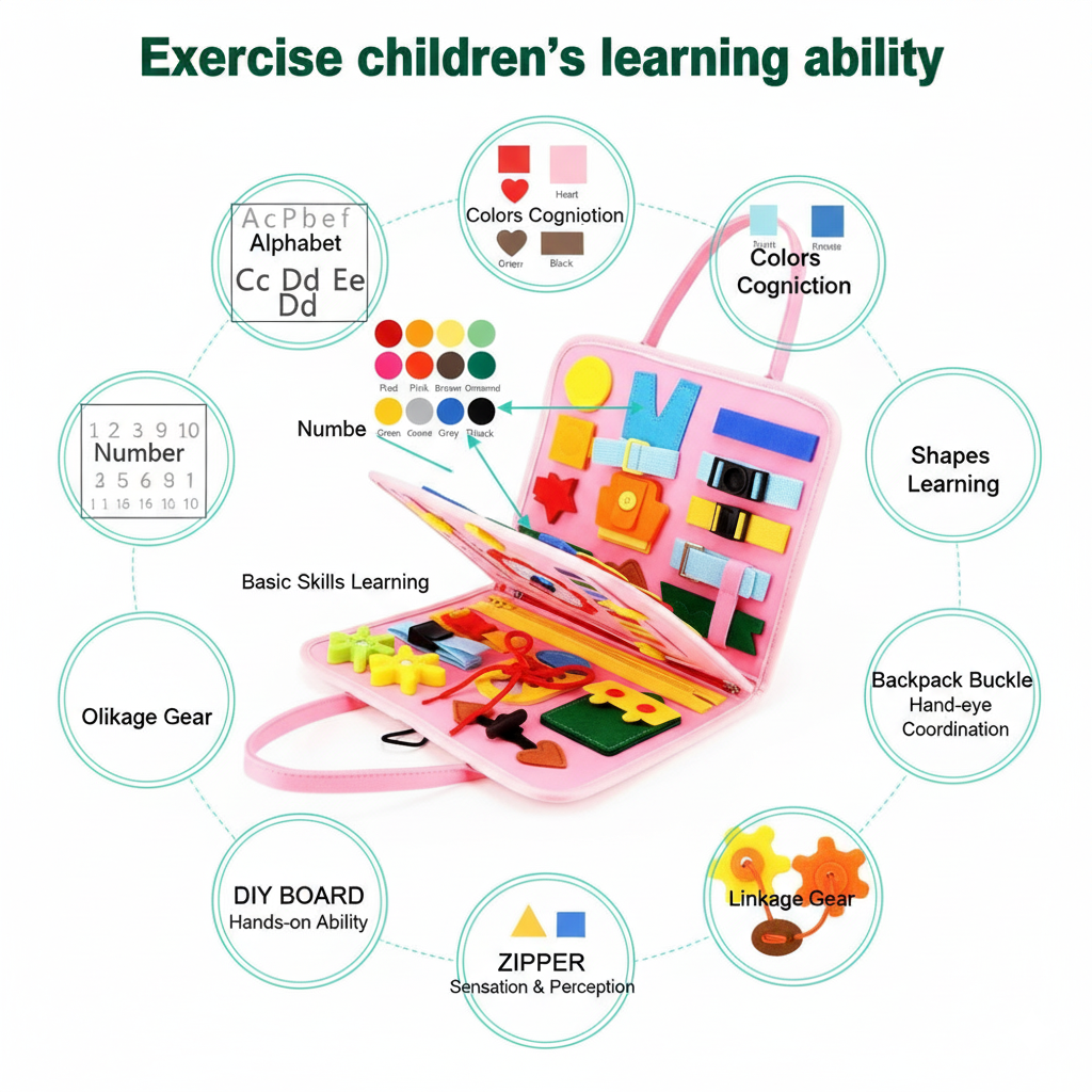 Pink educational toy set with various learning components on a white background
