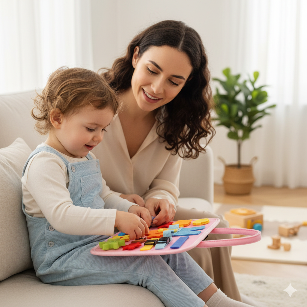 Woman and child playing with colorful toys on a couch in a bright room.