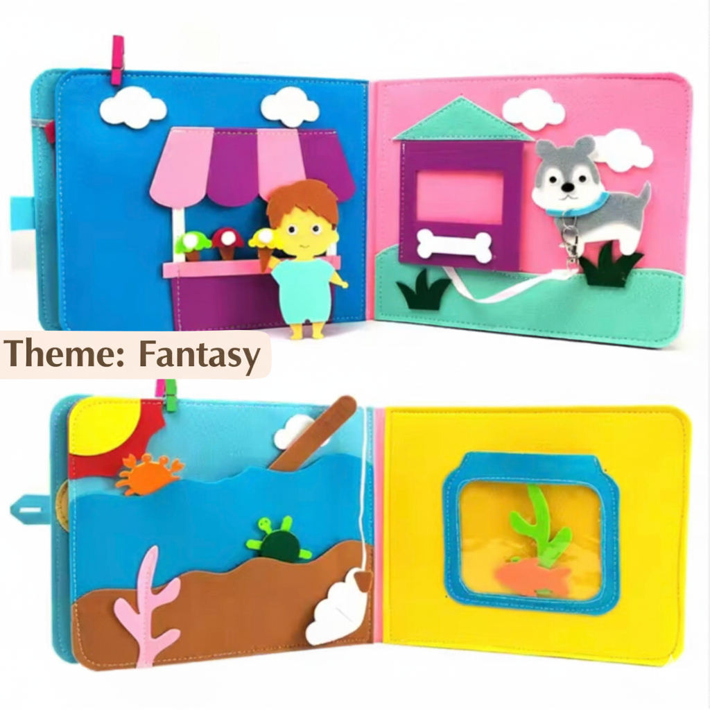 Children's soft book with fantasy theme, featuring a girl and dog on one page and beach scene on another.