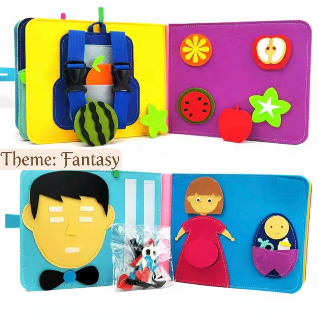 Colorful children's soft book with fantasy theme, featuring various shapes and figures.