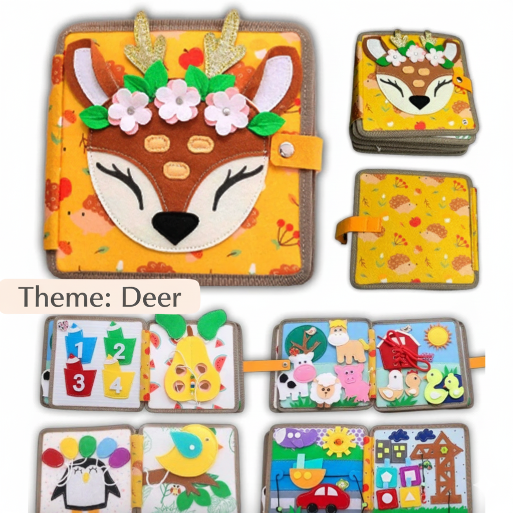 Children's educational book with a deer theme, featuring colorful pages and animal illustrations.