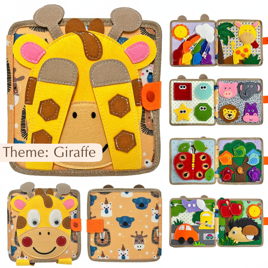 Children's educational toy set with giraffe theme and various animal illustrations.