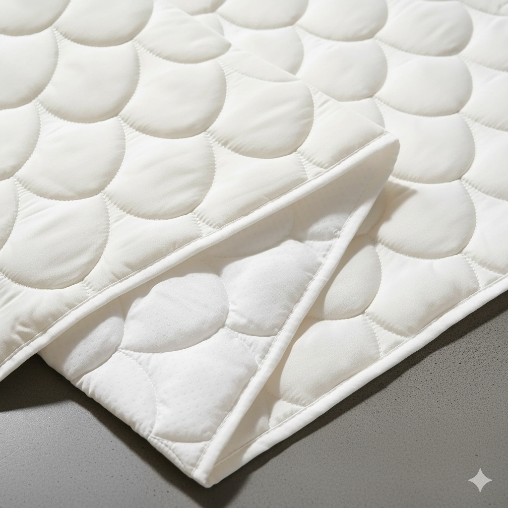 Close-up of a white quilted mattress pad on a gray surface