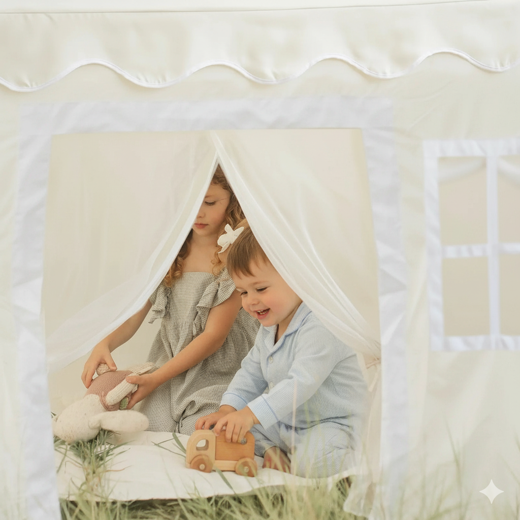 Two children playing inside a white canopy tent.