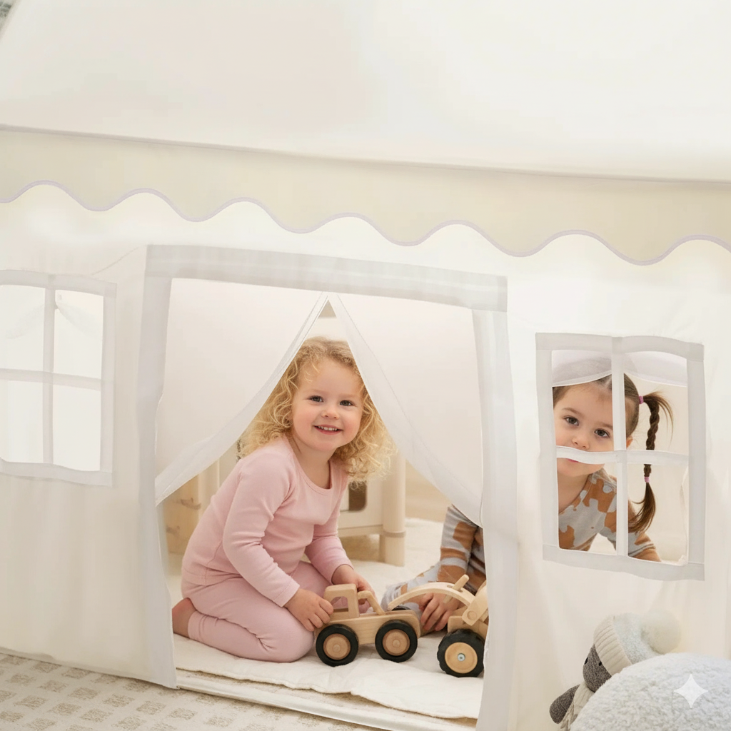 Children playing inside a white play tent with framed photos of them on the walls.