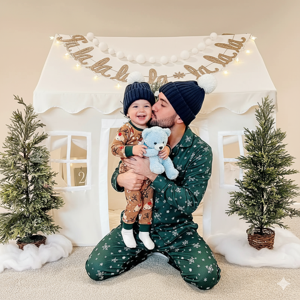 Man and child in matching green outfits with teddy bears in front of a festive house backdrop.