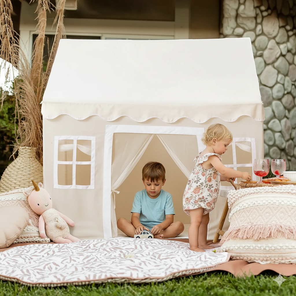 Children playing inside a white play tent in an outdoor setting.