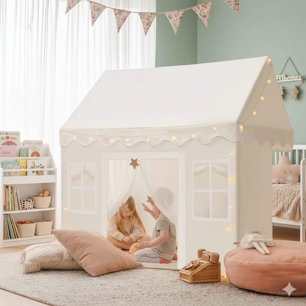 Children playing inside a white play tent in a cozy room with toys and books.