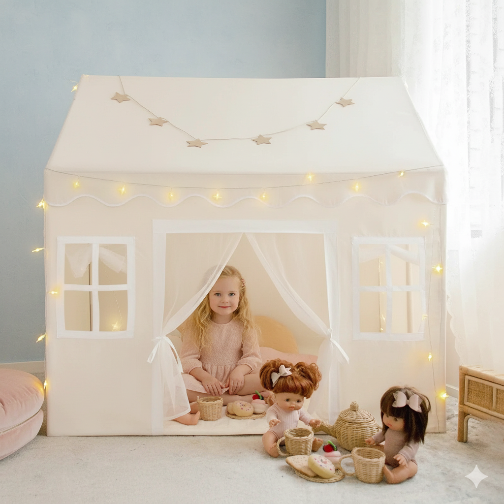 Child playing inside a white play tent with string lights, surrounded by dolls and toys.