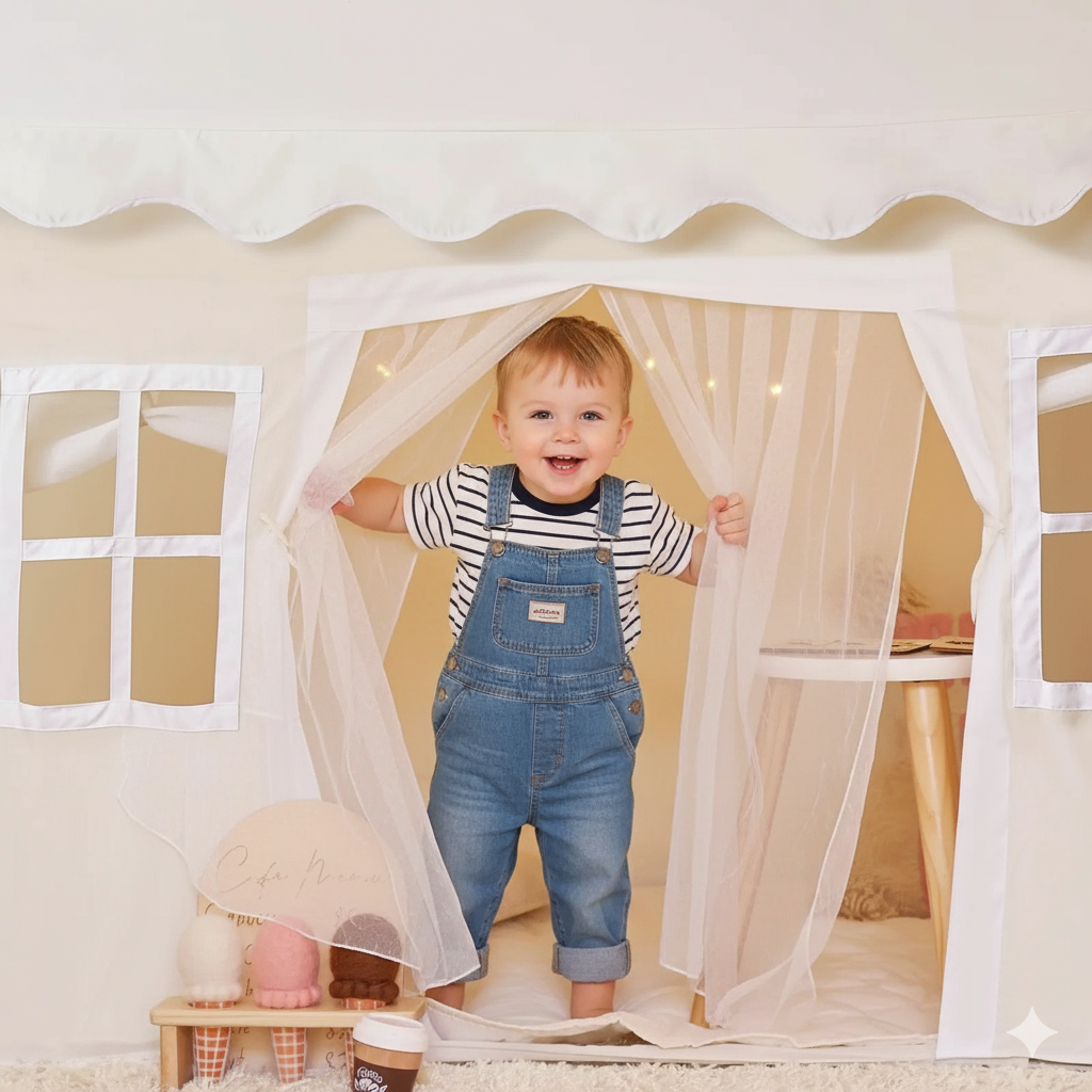 Child playing inside a playhouse with curtains