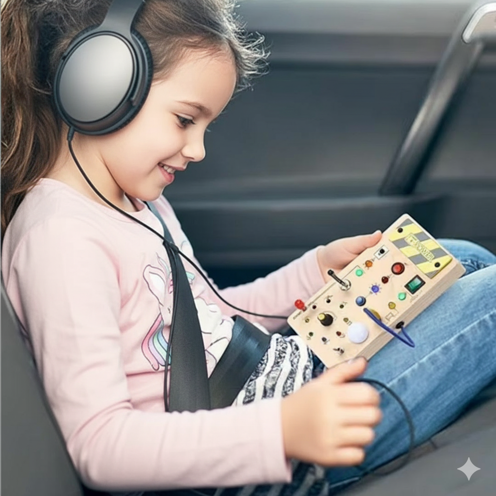 Child wearing headphones and holding a wooden toy with colorful buttons in a car.