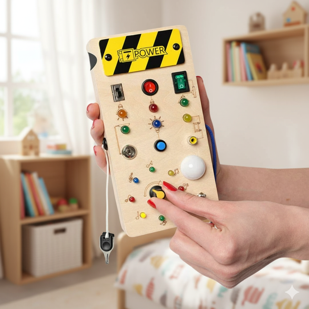 Wooden sensory toy with colorful buttons held by a hand in a room with shelves and books.