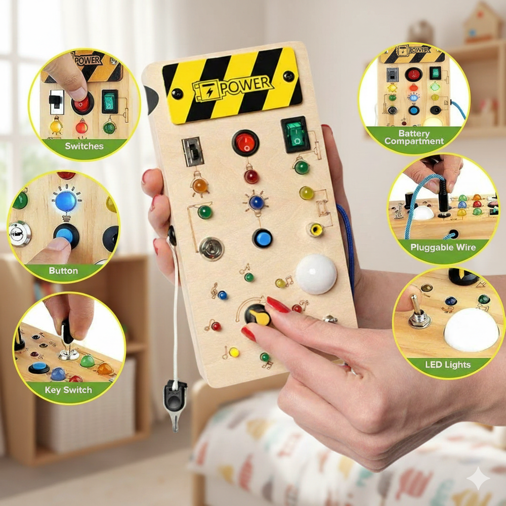 Wooden educational toy with various components held by a hand, surrounded by illustrations of its features.