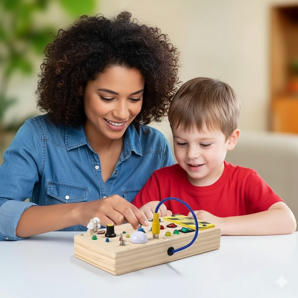 Woman and child playing with a wooden toy together