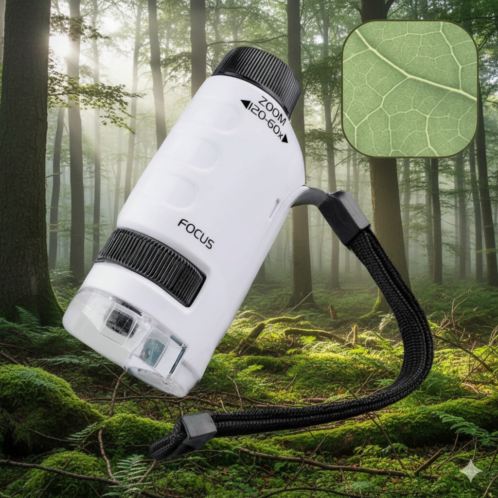 White and black magnifying glass with a leaf detail on a forest background