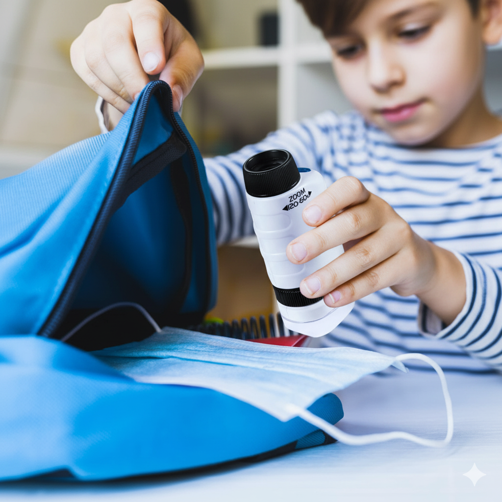 Child holding a toy telescope next to a blue bag