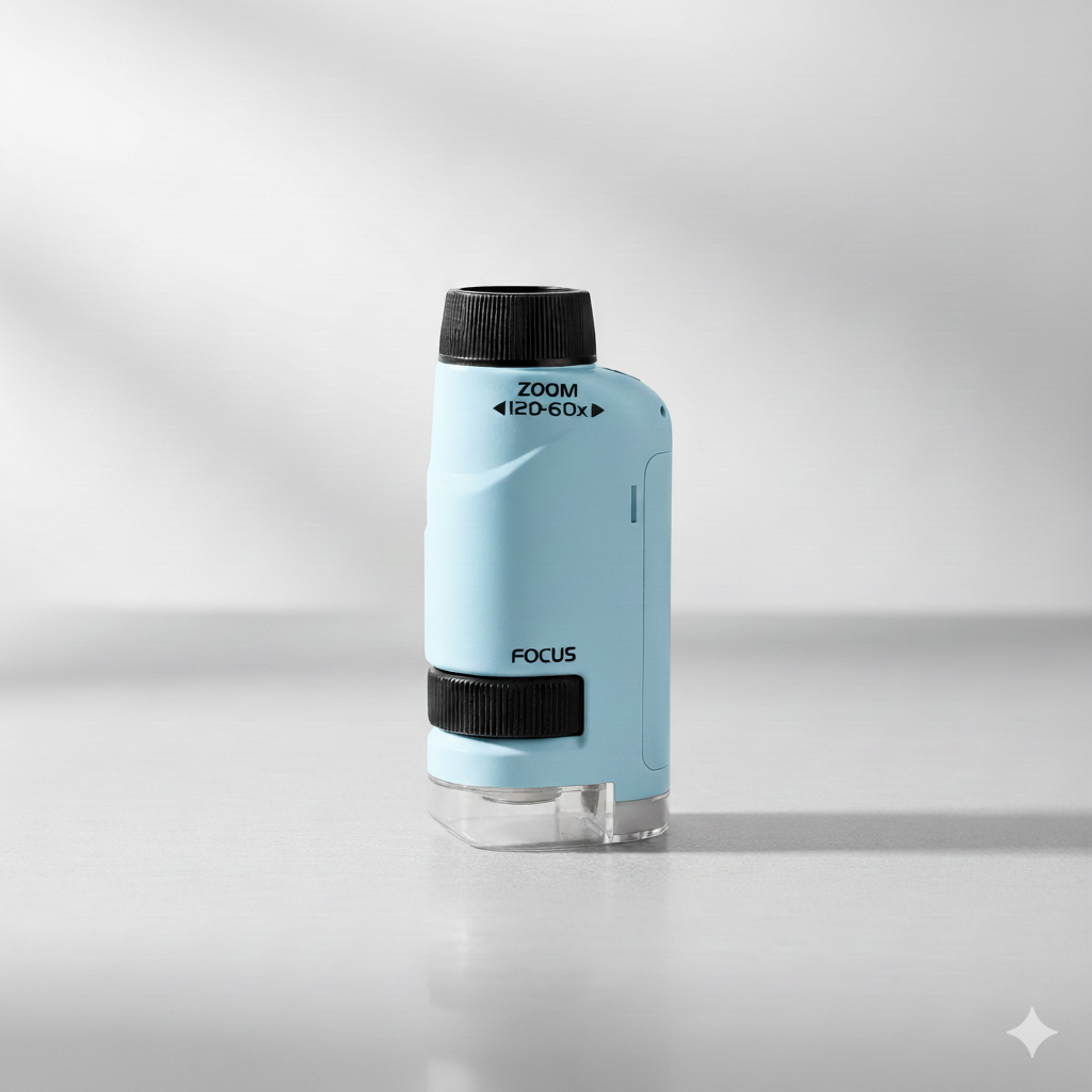 Light blue magnifying glass with black accents on a gray background