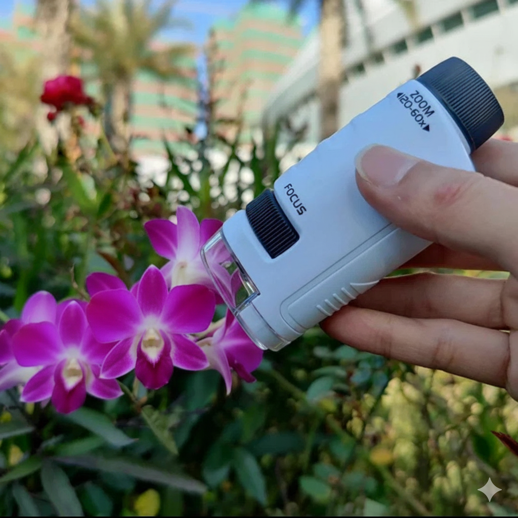 Hand holding a small white device with black accents near purple flowers outdoors.