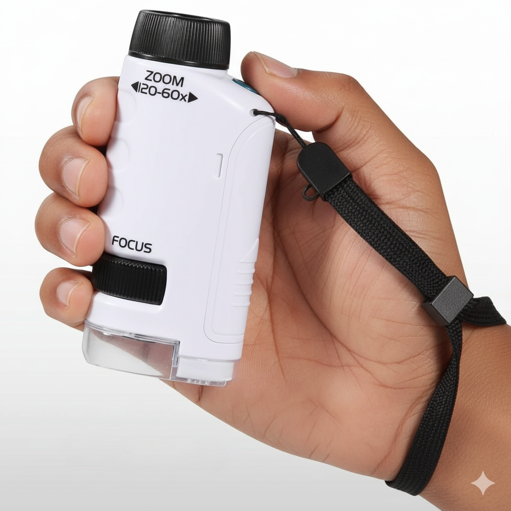 Hand holding a white magnifying device with black accents on a white background