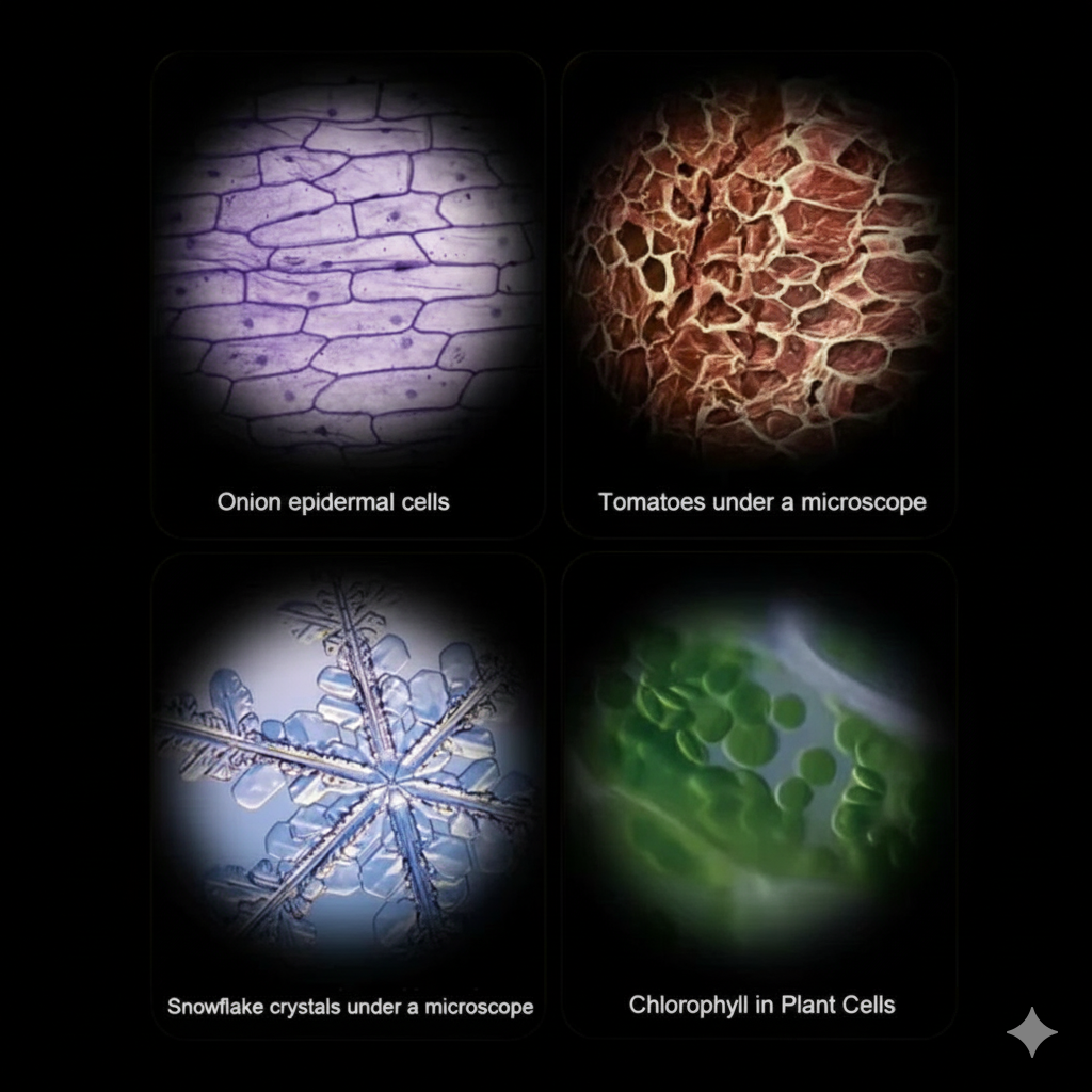 Microscopic views of onion epidermal cells, tomatoes, snowflake crystals, and chlorophyll in plant cells.