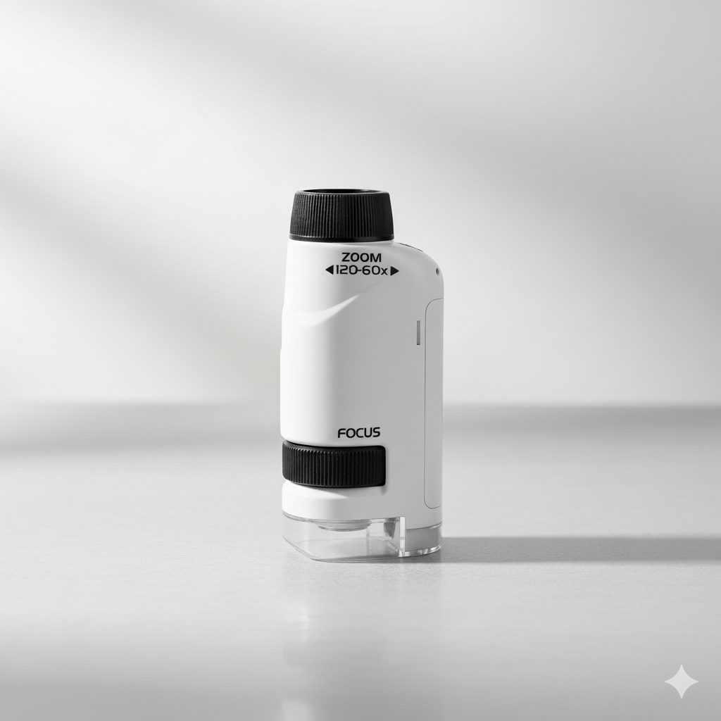 White and black magnifying glass with 'FOCUS' and 'ZOOM' text on a gray background