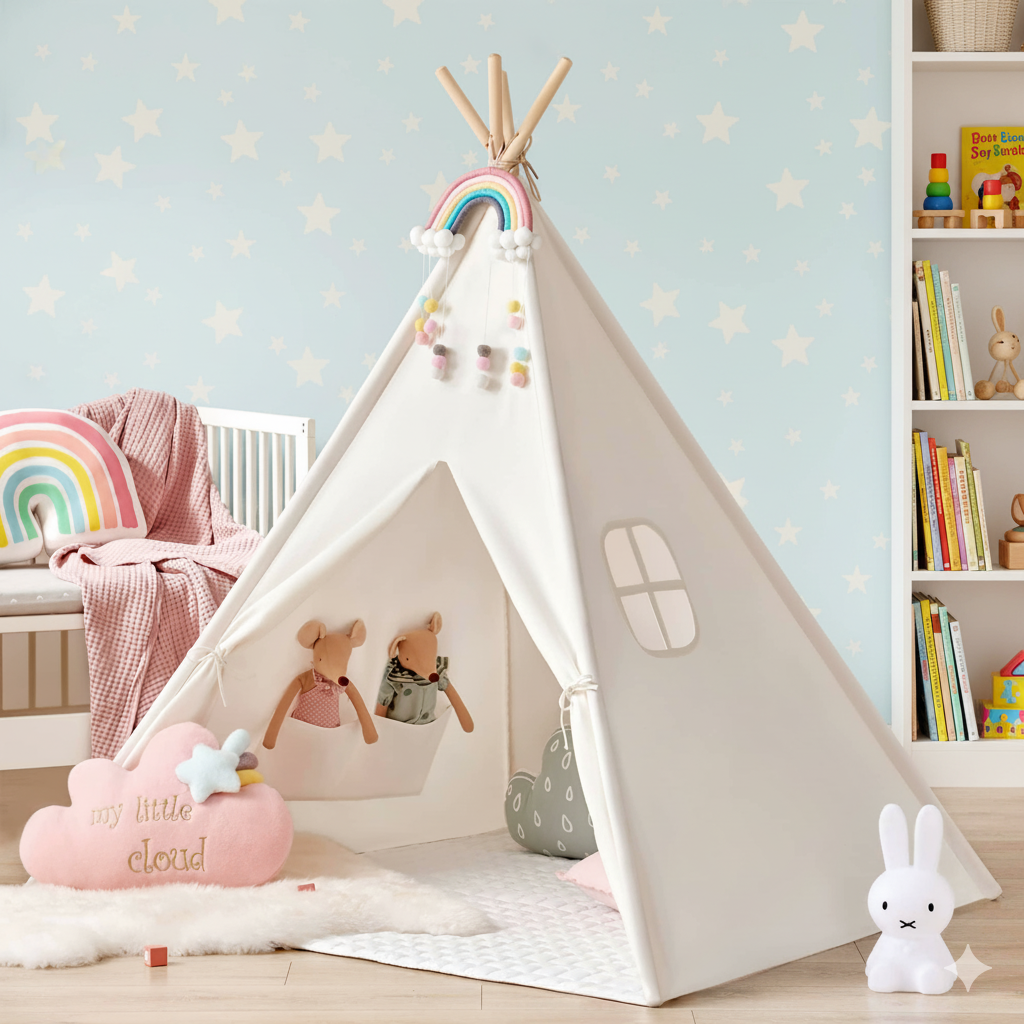Children's play tent with toys in a room with a light blue wall and shelves.