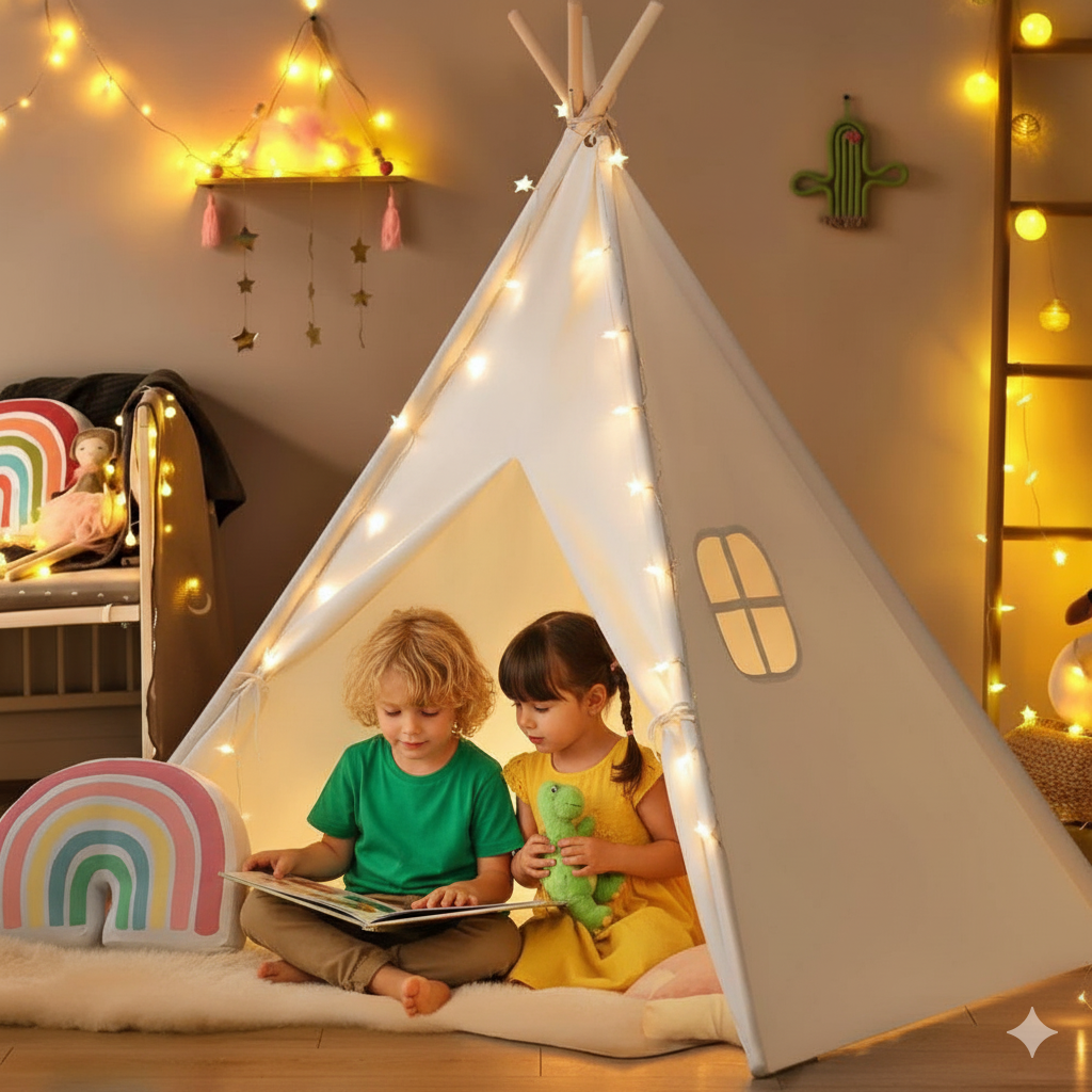 Two children sitting inside a teepee with string lights in a cozy room.