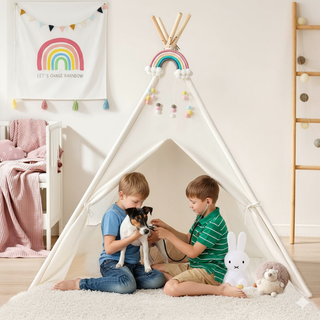 Two children playing with a dog inside a white teepee in a child's room.