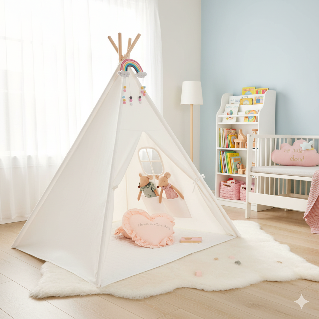 Children's room with a teepee, toys, and a bookshelf.