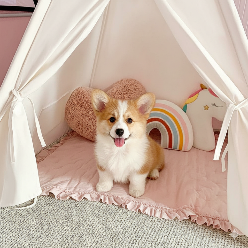 Cute puppy inside a white pet tent with pink bedding and decorative pillows.