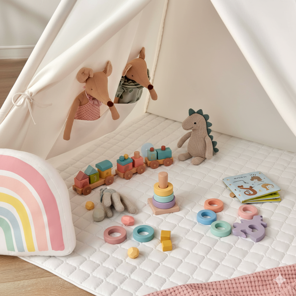 Children's toys on a white quilted play mat inside a white teepee.