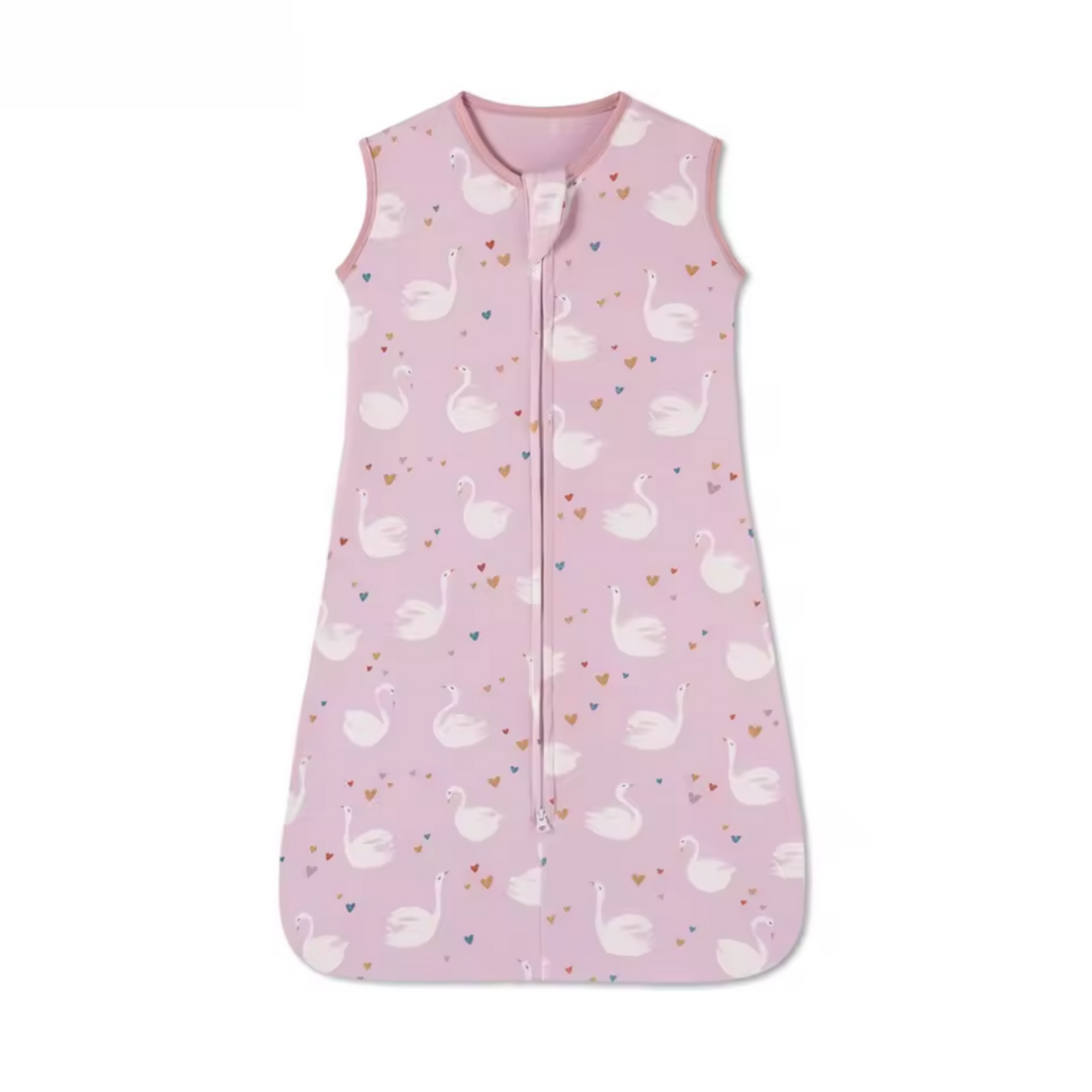 Pink baby sleeping bag with swan pattern on a white background