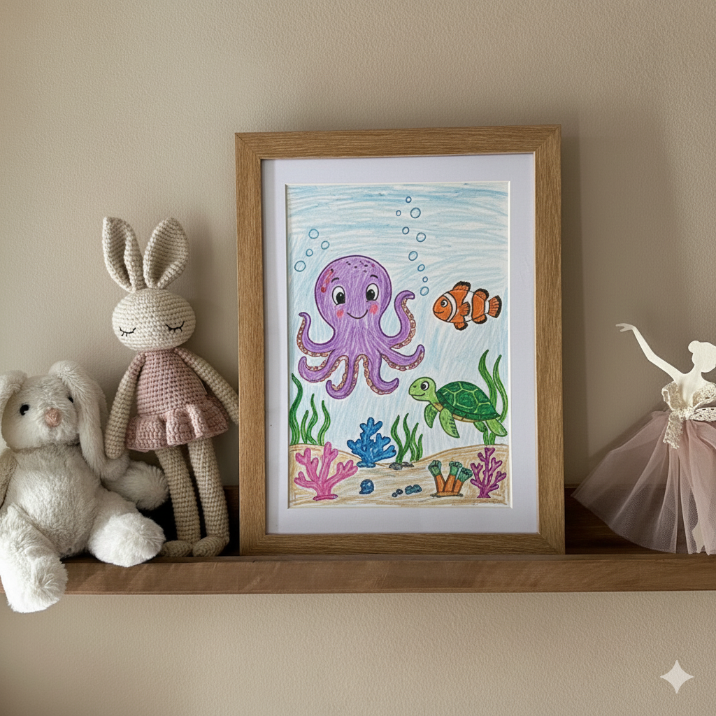 Framed children's drawing of sea creatures on a shelf with stuffed toys
