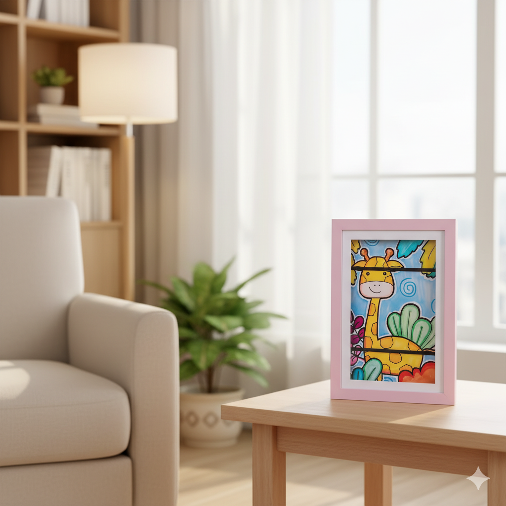 Framed children's drawing of a giraffe on a table in a living room.