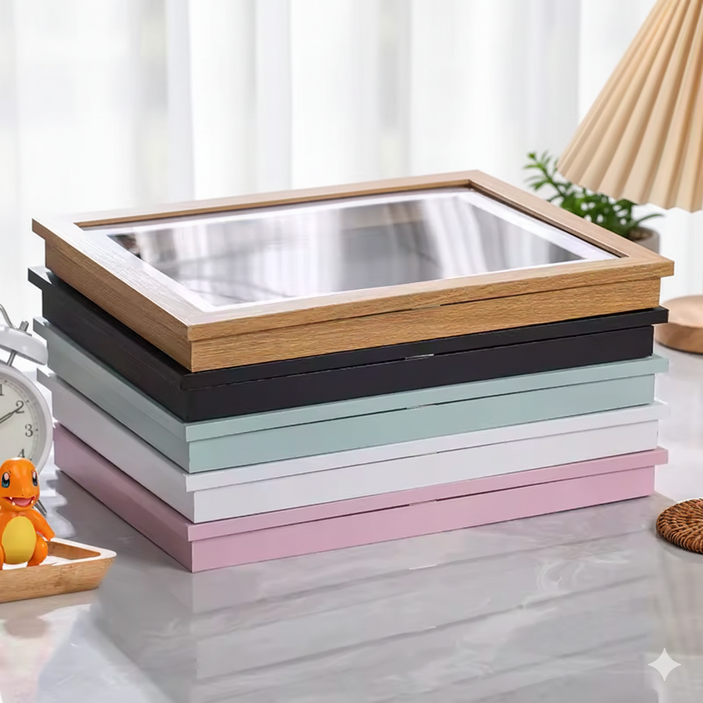 Stack of wooden trays with metal tops on a light surface.