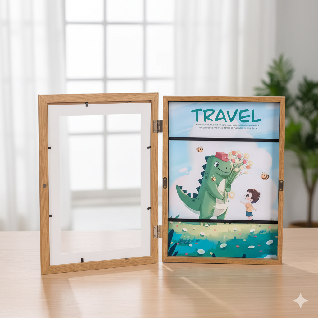 Wooden photo frame with a cartoon design of a dinosaur and child holding flowers, labeled 'TRAVEL'.
