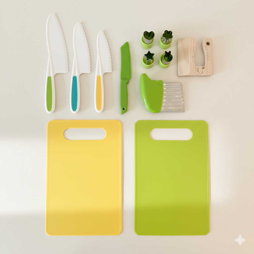 Set of kitchen utensils including knives, cutting boards, and small tools on a light background
